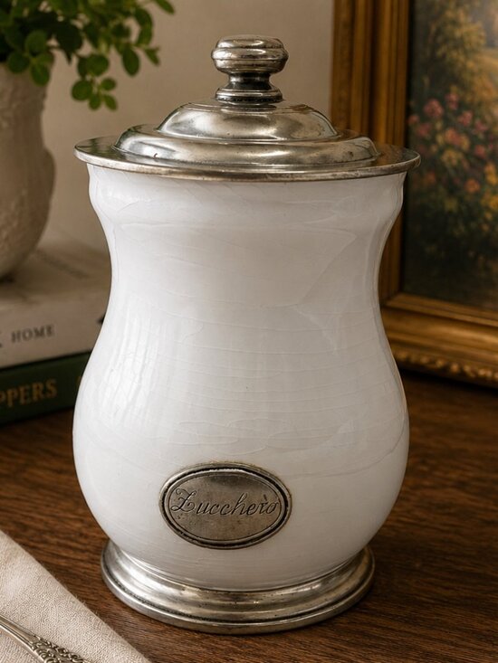 Arte Italica Other - Arte Italica Lucchero White Ceramic Sugar Canister Pewter Lid Made in Italy 9"